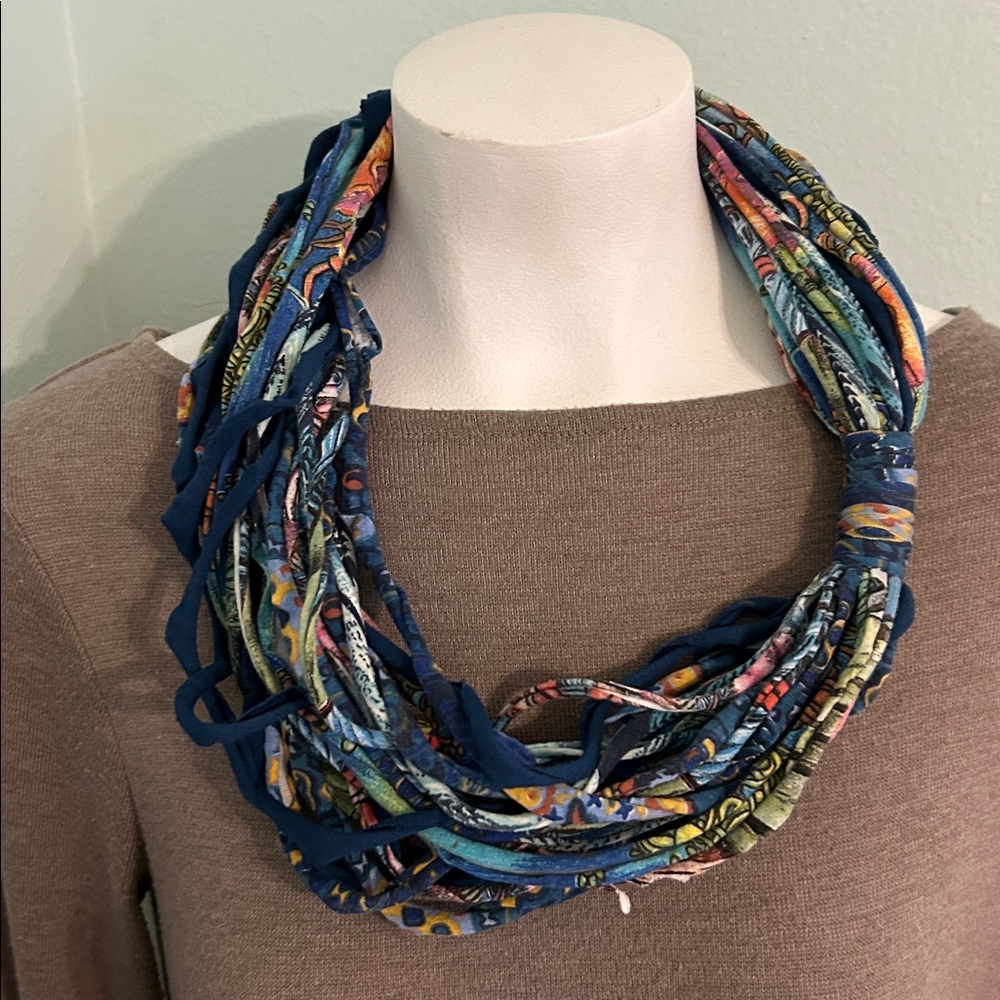 Multi-Strand Blue Patterned Fabric Infinity scarf… - image 2